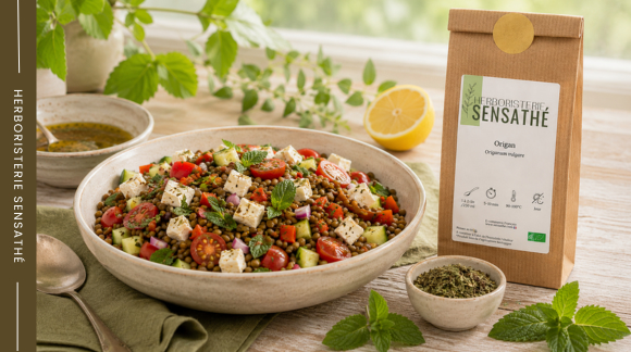 Salade de lentilles à l’origan avec sachet d’origan BIO Sensathé, feta, tomates cerises et vinaigrette maison - Herboristerie Sensathé Salade de lentilles à l’origan avec sachet d’origan BIO Sensathé, feta, tomates cerises et vinaigrette maison - Herboristerie Sensathé